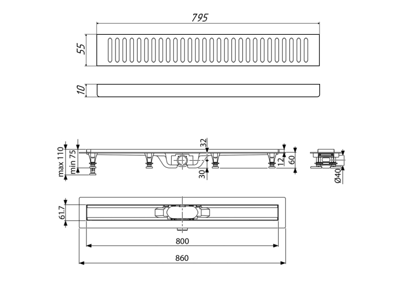 Купить Дренажный канал Timo Eco SP10-800, 80 см, желоб из пластика, перфорированная решетка, хром, SP10800-PC10800