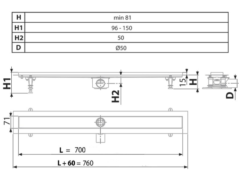 Купить Водоотводящий желоб Timo Standart 70 см, нержавеющая сталь, DP20-700