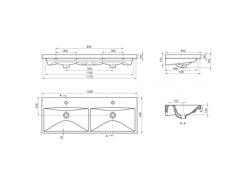 Купить Раковина BelBagno 120 см, керамика, белая, BB-0325-120-2-LVB