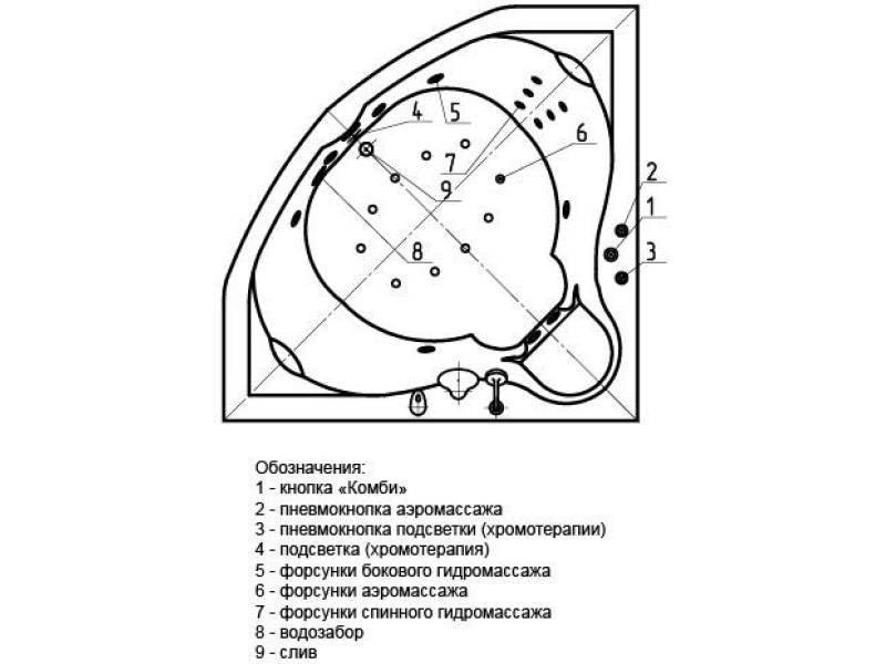 Купить Ванна акриловая АКВАТЕК Сириус 164х164 с гидромассажем Standard (пневмоуправление) SIR164-0000006