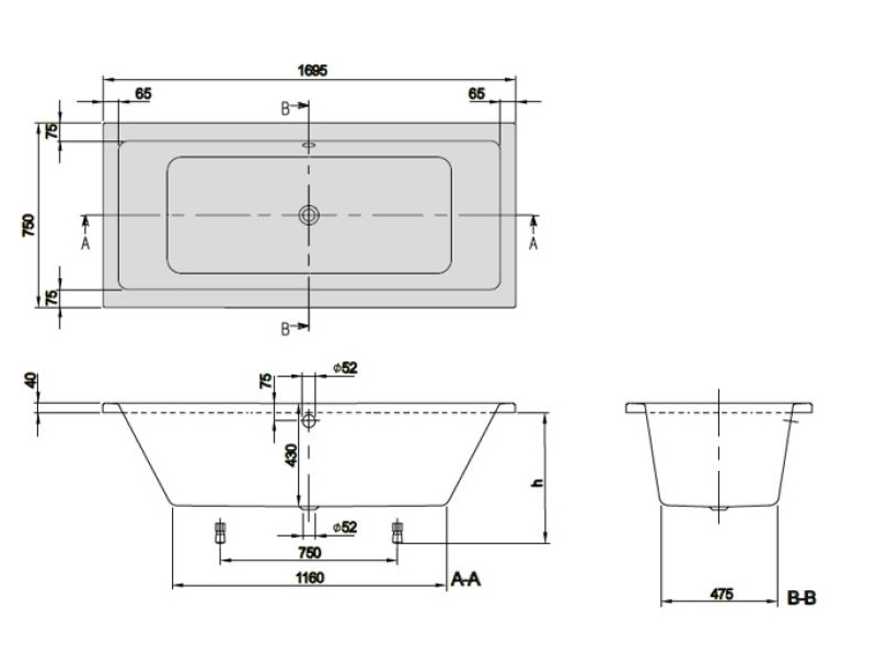 Купить Ванна акриловая 1700x750x410 Villeroy & Boch Targa Plus Duo UBA170NES2V01+U99740000 ножки в комплекте