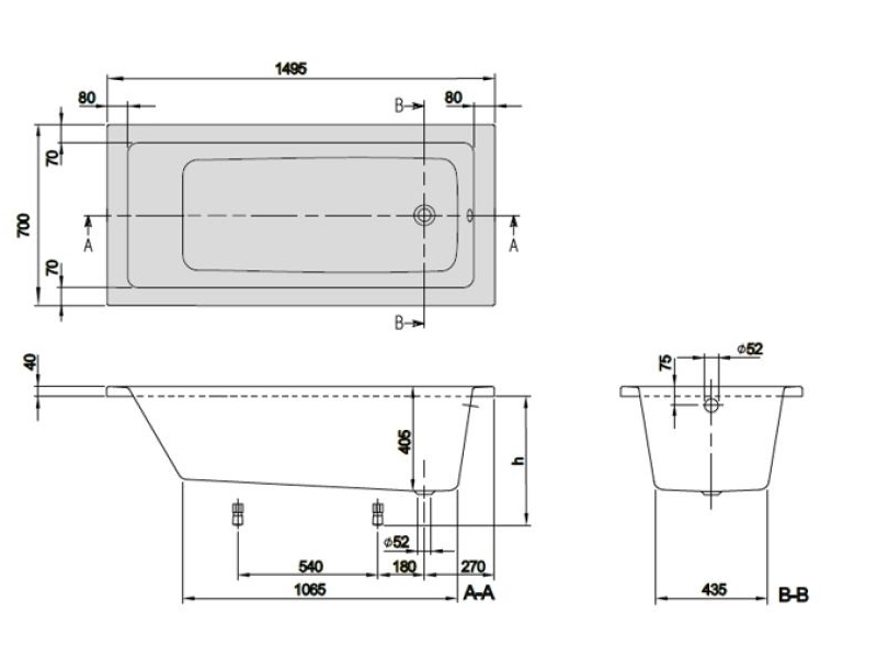 Купить Ванна акриловая 1500x700x410 Villeroy & Boch Targa Plus Mono UBA150NES2V01+U99740000 ножки в комплекте