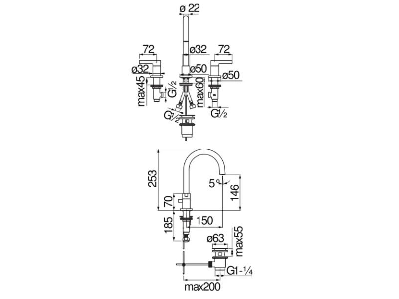 Купить Смеситель для раковины Nobili Lira LR116211/1T1CR хром, 3 отверстия