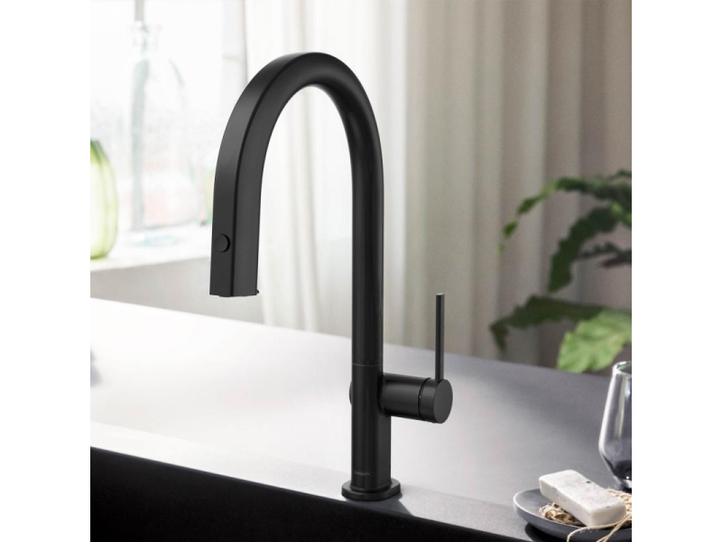 Купить Смеситель для кухни с вытяжным изливом Hansgrohe Aqittura M91 FilterSystem 210 с подключением к фильтру питьевой воды 76803670, черный матовый