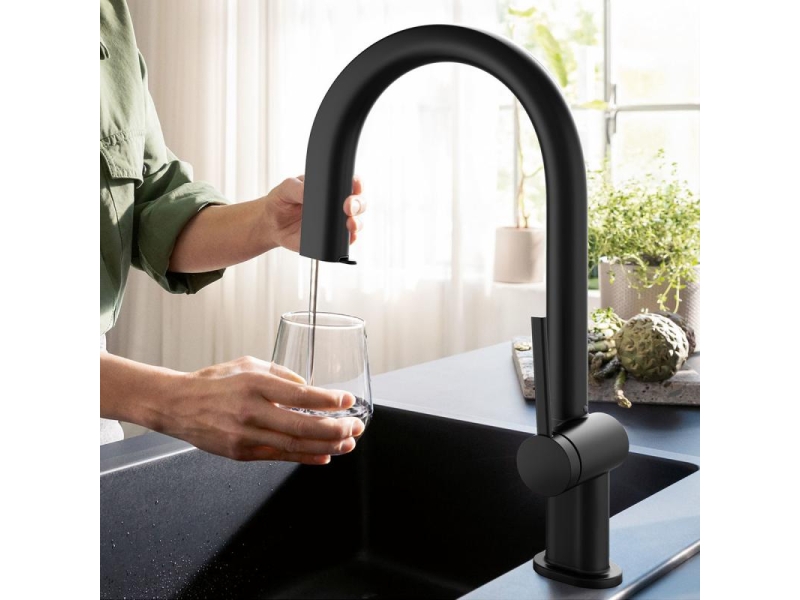 Купить Смеситель для кухни с вытяжным изливом Hansgrohe Aqittura M91 FilterSystem 210 с подключением к фильтру питьевой воды 76803670, черный матовый