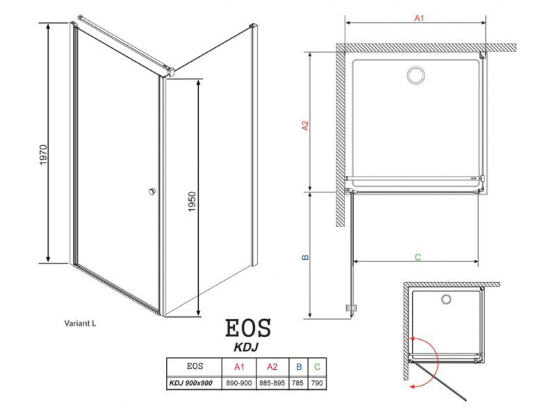 Купить Душевой уголок Radaway EOS KDJ, 90 х 90 х 197 см, стекло прозрачное L/R