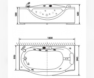 Ванна гидромассажная акриловая Appollo A 0952 180 х 97 см, с подголовником, c гидромассажем, со смесителем