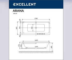Ванна гидромассажная Excellent Arana 180 x 85 см, NANO, хром, каркас в подарок