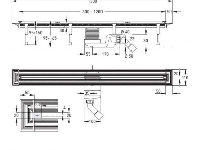 Душевой лоток Viega Advantix Vario 704360, с щелевой вставкой хром, опорами, подрезной от 30-120 см