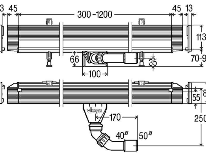 Душевой лоток Viega Advantix Vario 736736 под щелевую решетку, пристенный, подрезной от 30-120 см, высота сифона 6,6 см