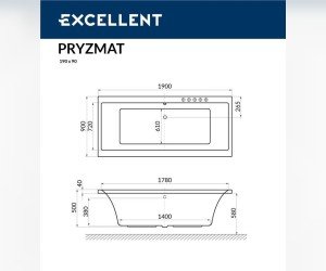 Ванна гидромассажная Excellent Pryzmat 190 x 90 см, LINE, хром, каркас в подарок