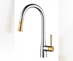 Смеситель D&K Rhein.Schiller DA1462504A для кухонной мойки, с выдвижной лейкой, хром/золото светлое