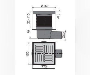 Душевой трап Alcaplast APV5411 150x150/50 выпуск боковой, гидрозатвор