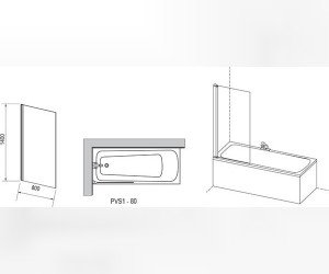 Шторка для ванны Ravak PVS1-80, 80 х 140 см, профиль белый, витраж транспарент, 79840100Z1