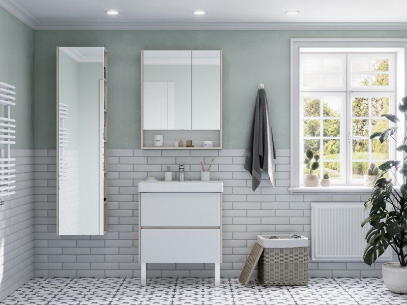 Пенал Акватон Сканди 40 см, 1A253403SDB20 с зеркалом, подвесной, белый/дуб верона