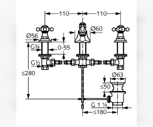 Смеситель Kludi Adlon 5104645G4 для раковины DN 15, на 3 отверстия, низкий излив, ручки хрусталь, цвет золото 23 карата