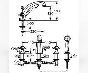 Смеситель Kludi Adlon 5152445G4 для ванны и душа, на 4 отверстия, ручки хрусталь, цвет золото 23 карата