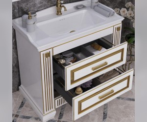 Тумба под раковину Оникс 100, Z0000005640, белый глянцевый с золотой патиной