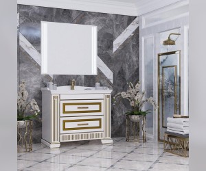 Тумба под раковину Оникс 100, Z0000005640, белый глянцевый с золотой патиной