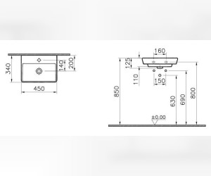 Раковина Vitra T4 4450B003-0041 45 см подвесная, 1 отверстие для смесителя, без перелива