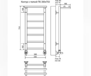 Полотенцесушитель водяной Terminus Контур П6 300x700, ширина 33 см, высота 70 см, хром, с полкой, 4660059582405