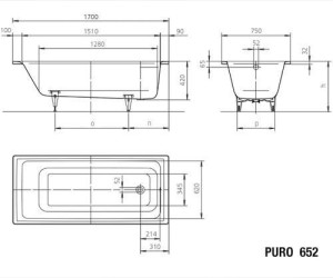 Стальная ванна Kaldewei Puro мод. 652, 170*75*42 см, без покрытия, 2562.0001.0001