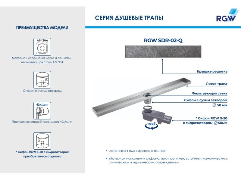 Душевой трап RGW SDR-02-Q 120х9см, под плитку, 21210212-02