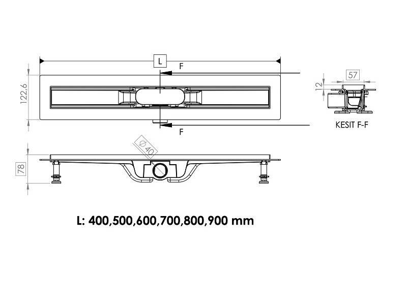 Дренажный канал Timo Smart 60 см с решеткой под плитку, цвет сталь, SM-PG60-LS40(DRY)