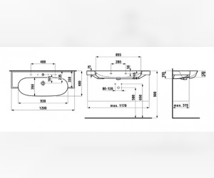 Раковина Laufen New Classic 8.1385.8.000.107.1 120 х 48 х 16.5 см, SaphirKeramik, 2 отверстия, с переливом, белый глянцевый