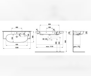 Раковина Laufen New Classic 8.1385.8.000.115.1 120 х 48 х 16.5 см, SaphirKeramik, 2 отверстия, без перелива, белый глянцевый