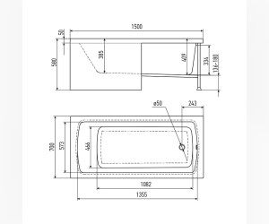 Ванна акриловая Erlit Era2, 150 х 70 см, пристенная, цвет SuperWhite, ERA21570