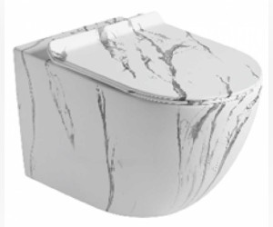 Подвесной унитаз Ceramalux безободковый, крышка микролифт, белый мрамор, 2213-K
