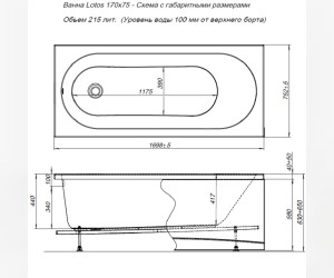 Ванна акриловая Aquanet Lotos, 170 х 75 см, цвет белый, 309624