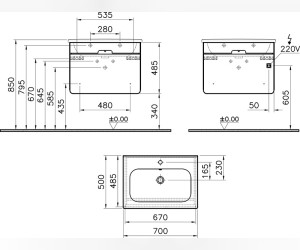 Тумба с раковиной Vitra D-Light 70 см, белый матовый, фиолетовый, встроенная подсветка, 58133