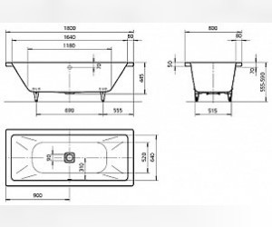 Стальная ванна Kaldewei Conoduo мод. 733, 180*80*43 см, с отверстиями под ручку, с E-plus, 2351.1011.3001