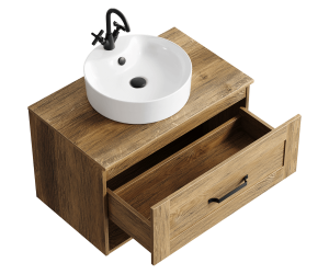 Подвесная тумба 80 см с одним ящиком и открытой полкой в цвете дуб балтийский, с умывальником