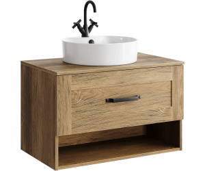 Подвесная тумба 80 см с одним ящиком и открытой полкой в цвете дуб балтийский, с умывальником