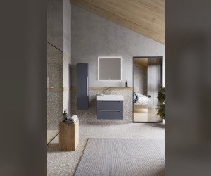 Подвесная тумба в сером матовом цвете с двумя ящиками с умывальником из литьевого мрамора