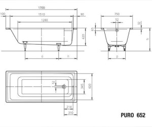 Стальная ванна Kaldewei Puro мод. 652, 170*75*42 см, anti-slip, 2562.3000.0001