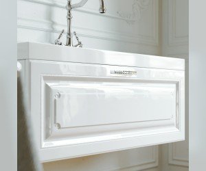 Подвесная тумба с одним ящиком в белом глянцевом цвете с умывальником из литьевого мрамора.