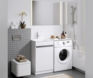 Напольная тумба с бельевой корзиной справа и двумя отсеками для хранения хозяйственных принадлежностей c умывальником Forma 115