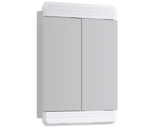 Зеркальный шкаф с двумя дверцами, открывающимися к центру.