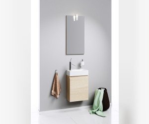 Подвесная тумба в цвете дуб сонома с одной дверью (петли справа) с умывальником