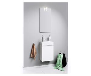 Подвесная тумба в белом глянцевом цвете с одной дверью (петли справа) с умывальником