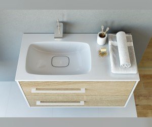 Подвесная левая тумба с двумя ящиками с умывальником из литьевого мрамора.