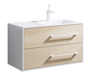 Подвесная правая тумба с двумя ящиками с умывальником из литьевого мрамора.