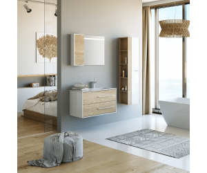 Подвесная правая тумба с двумя ящиками с умывальником из литьевого мрамора.