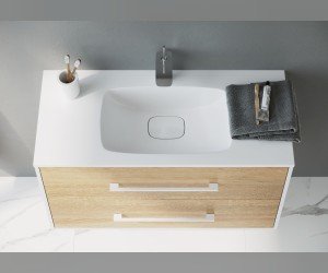 Подвесная тумба с двумя ящиками с умывальником из литьевого мрамора.