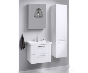 Подвесная тумба в белом глянцевом цвете с двумя ящиками с умывальником