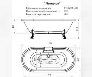 Ванна акриловая Радомир Леонесса 1, 175 х 80 см на ножках Лев, 1-01-4-0-1-138П, слив-перелив, перламутр, бронза
